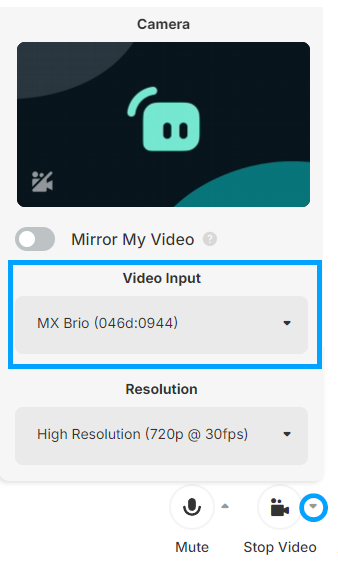 Talk Studio camera settings interface showing video input options and resolution settings. The Video Input is boxed to indicate to select that dropdown to see all of your options.